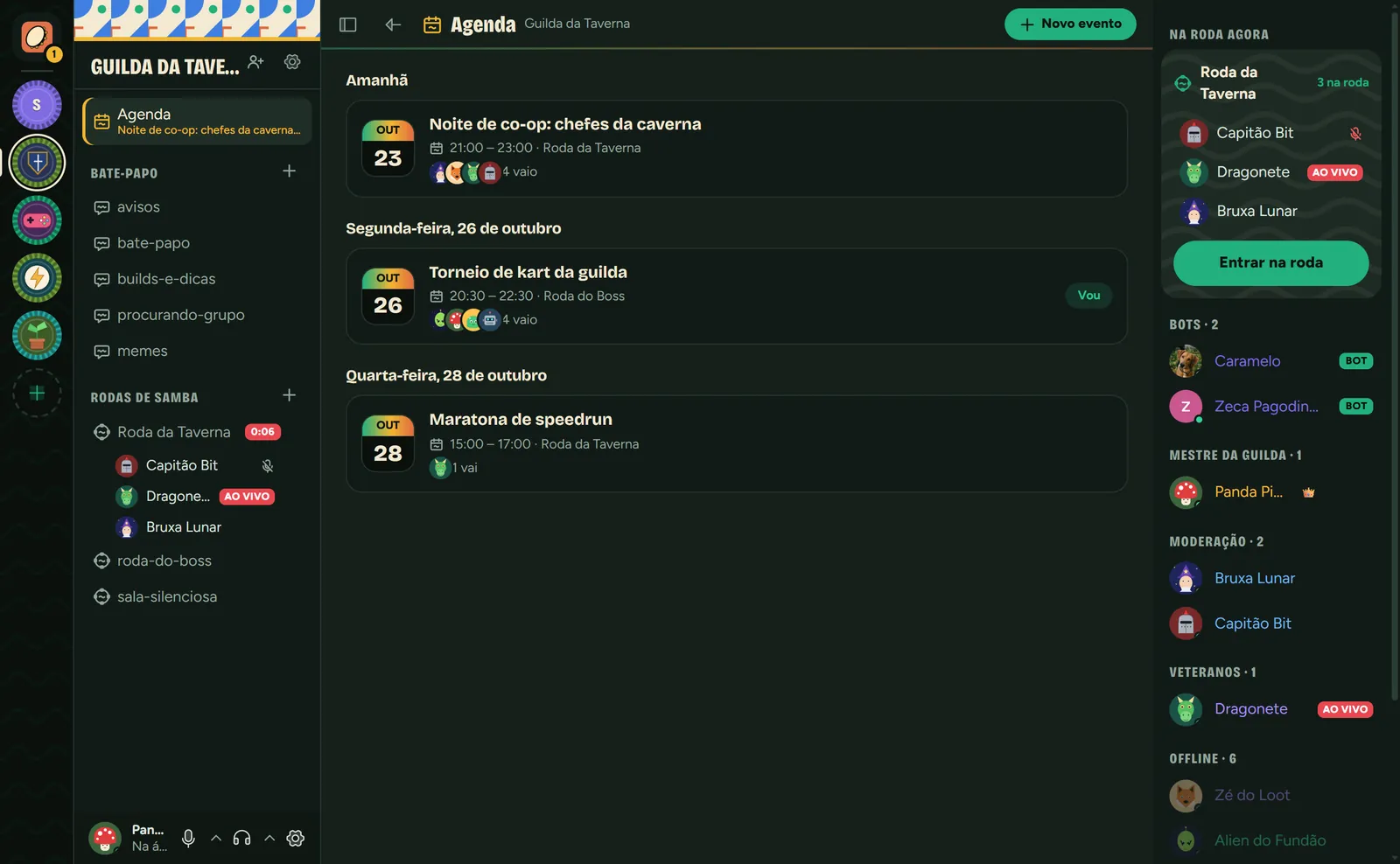 Agenda do servidor com três eventos: noite de co-op, torneio de kart e maratona de speedrun, cada um com horário, local e as pessoas que confirmaram presença.