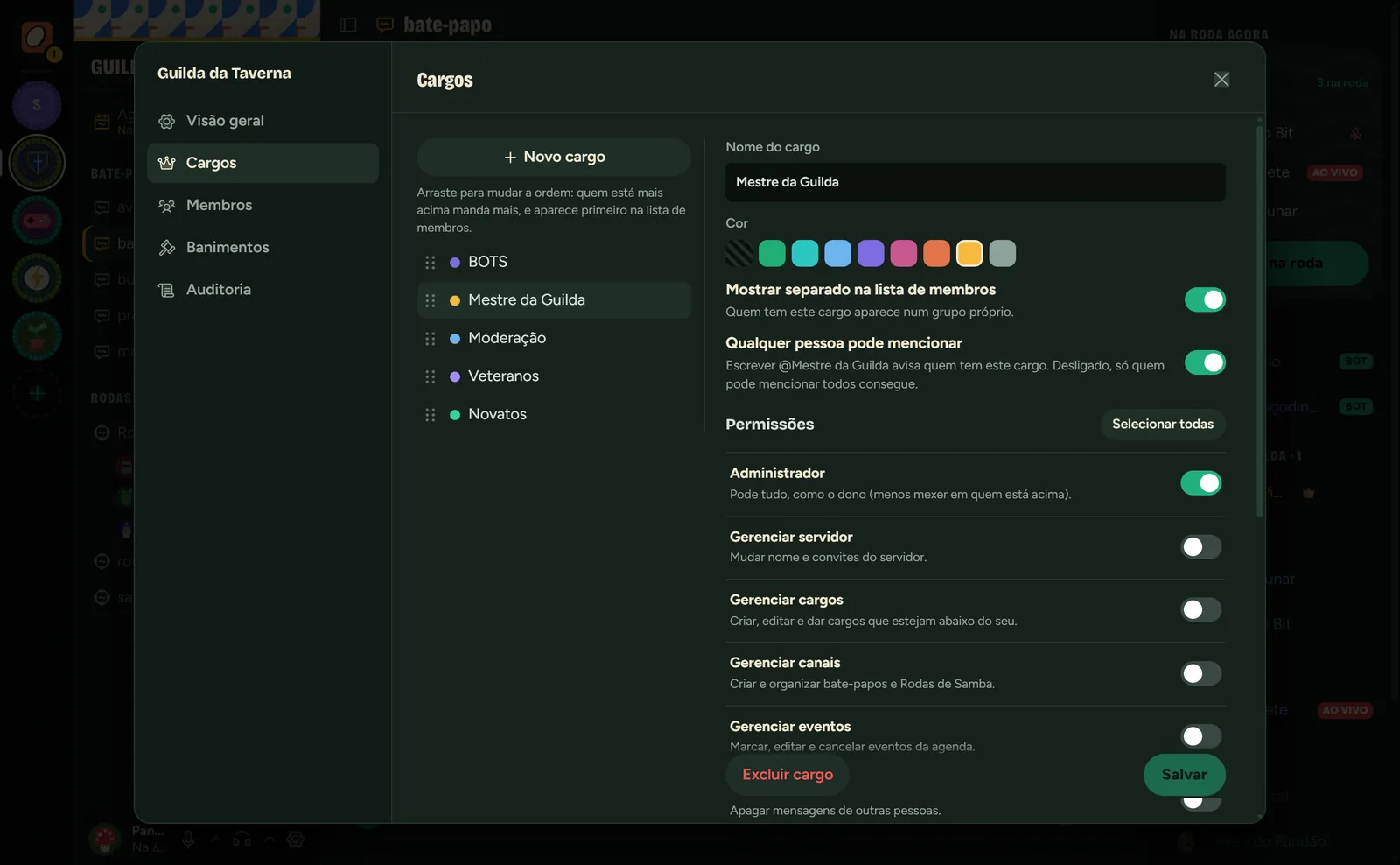 Configurações do servidor, aba Cargos: lista de cargos (Mestre da Guilda, Moderação, Veteranos, Novatos), cor do cargo e permissões que podem ser ligadas ou desligadas.