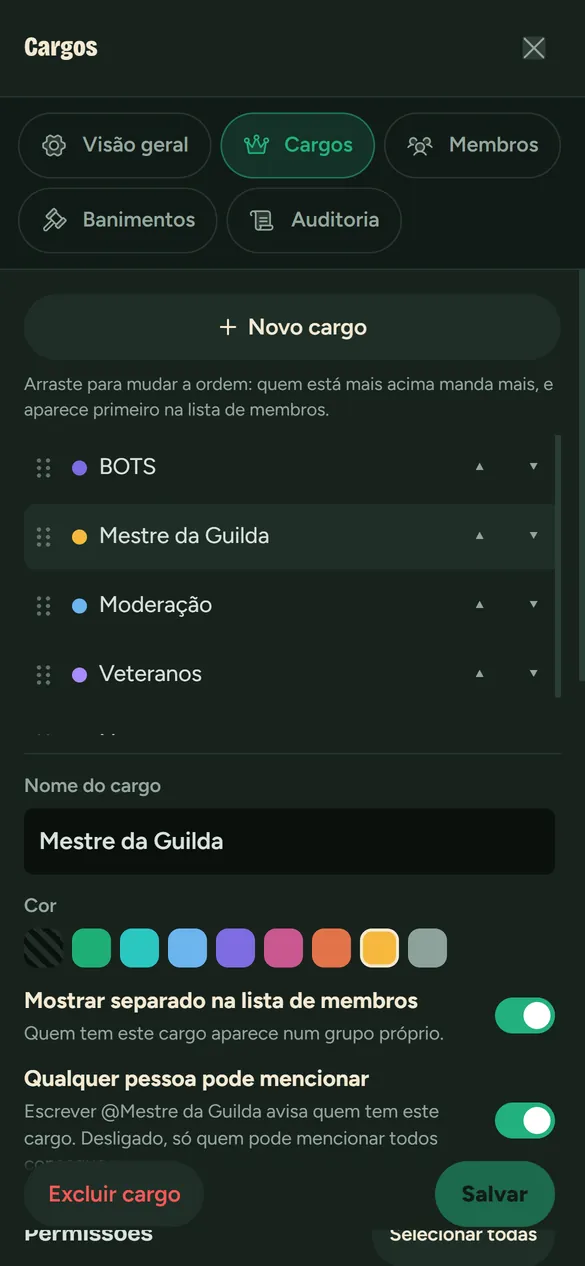 Configurações do servidor no celular, aba Cargos, com o cargo Mestre da Guilda aberto.