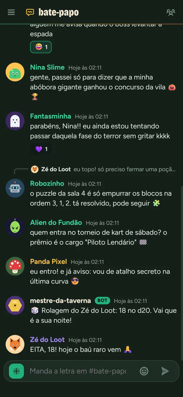 Tela do celular com a conversa do canal bate-papo.