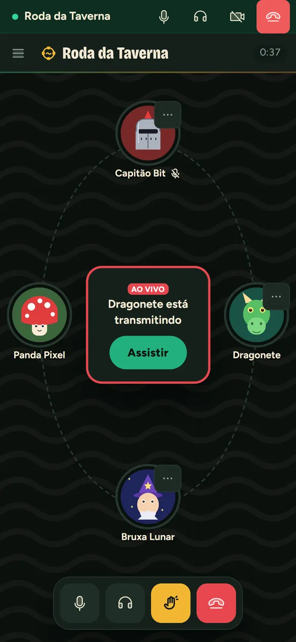 A Roda da Taverna no celular: as pessoas em círculo com os nomes, a live no meio e os botões grandes embaixo.