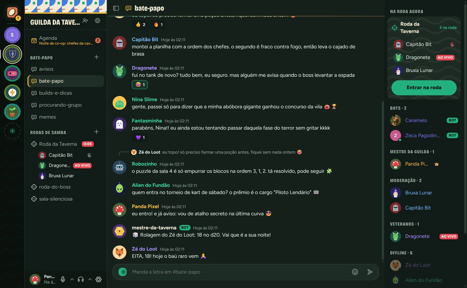 O Samba no computador: servidor Guilda da Taverna com o canal bate-papo aberto, conversa entre amigos sobre jogos, lista de canais, rodas de voz com pessoas na chamada e lista de membros por cargo.